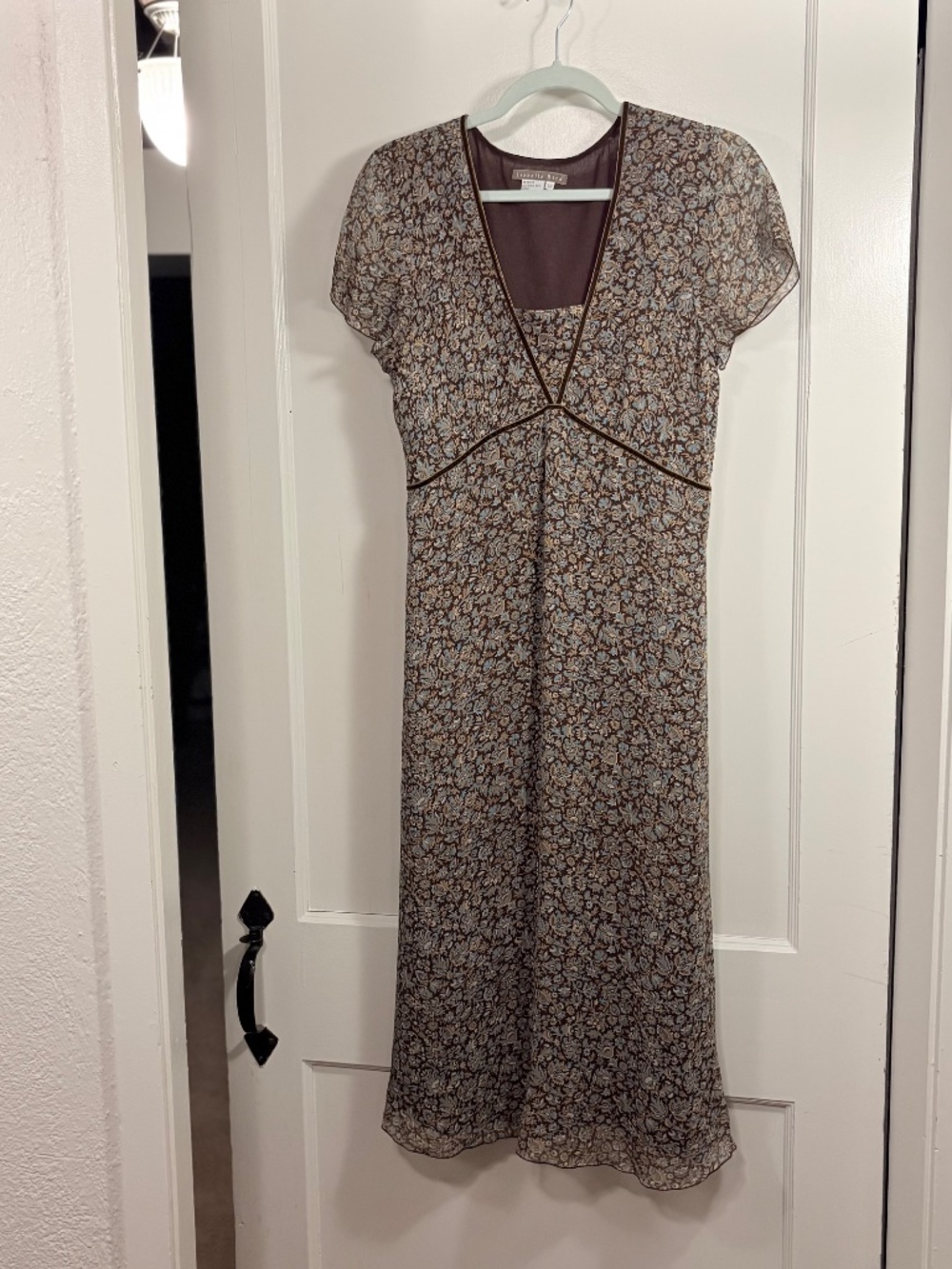 Isabella Bird 100% Silk Brown Floral Midi Dress, Size 12